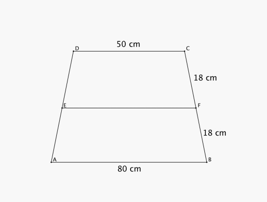 En firkant ABCD som er delt horisontalt av linjestykket EF. AB er lik 80 cm, CD = 50 cm, BF er 18 cm og FC = 18 cm.